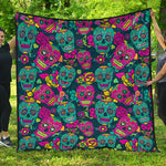 Teal Pink Sugar Skull Pattern Print Quilt