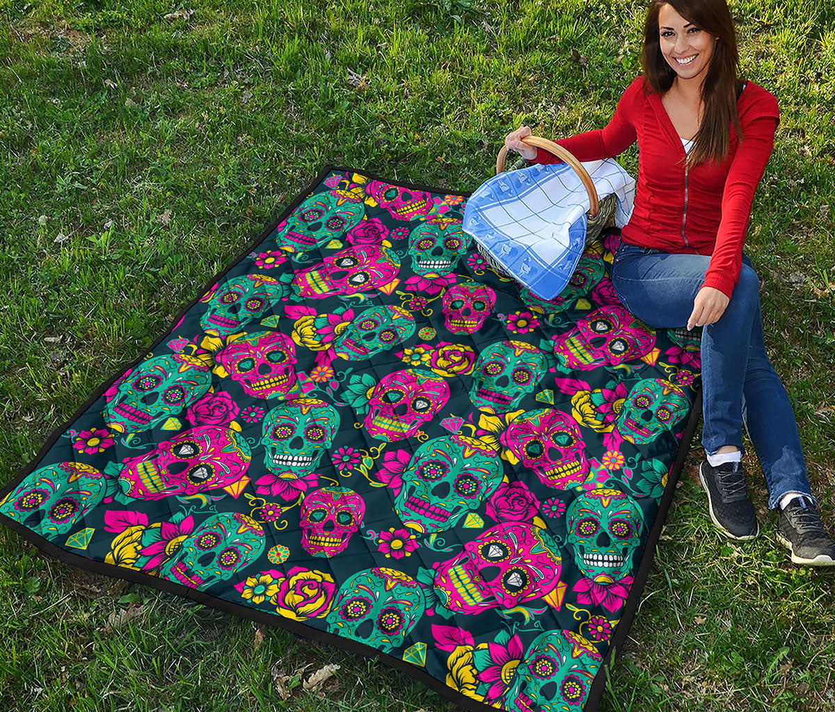 Teal Pink Sugar Skull Pattern Print Quilt