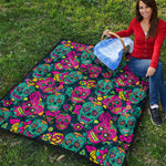 Teal Pink Sugar Skull Pattern Print Quilt