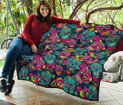 Teal Pink Sugar Skull Pattern Print Quilt