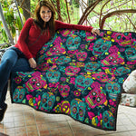 Teal Pink Sugar Skull Pattern Print Quilt