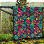 Teal Pink Sugar Skull Pattern Print Quilt