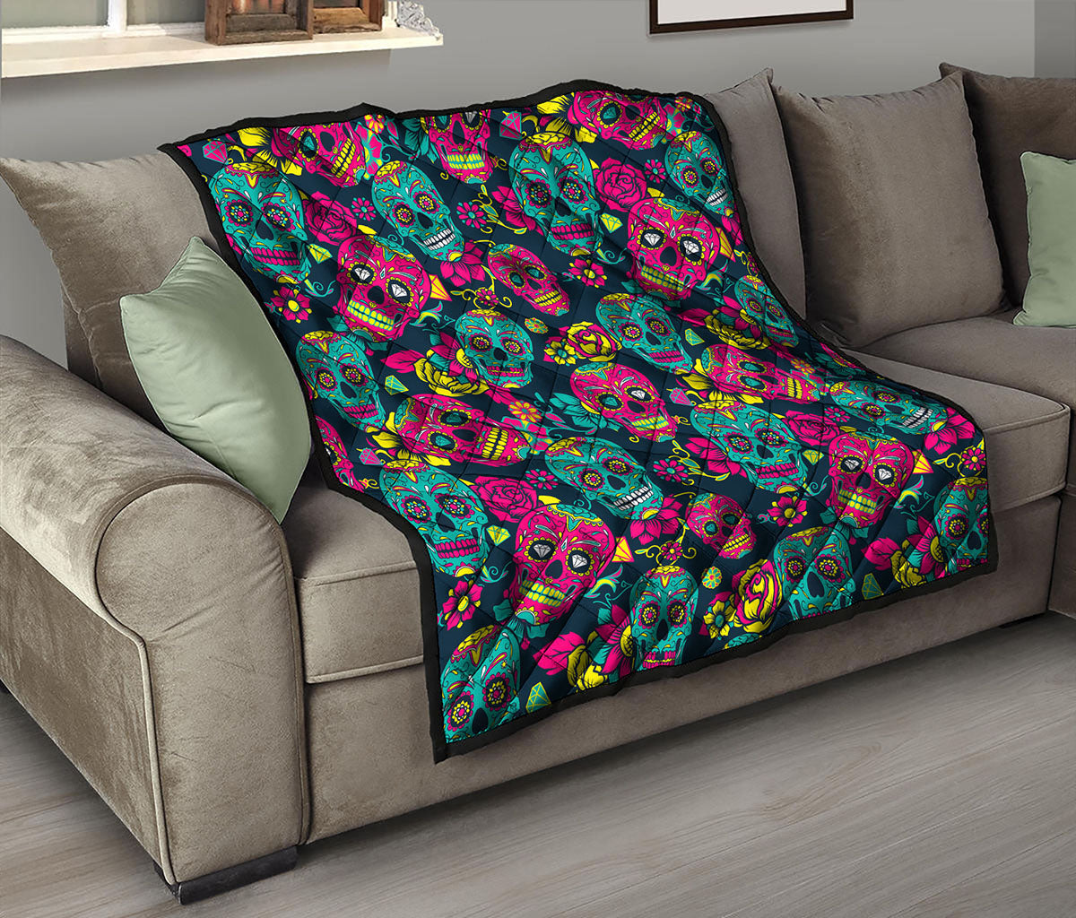 Teal Pink Sugar Skull Pattern Print Quilt