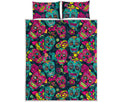 Teal Pink Sugar Skull Pattern Print Quilt Bed Set