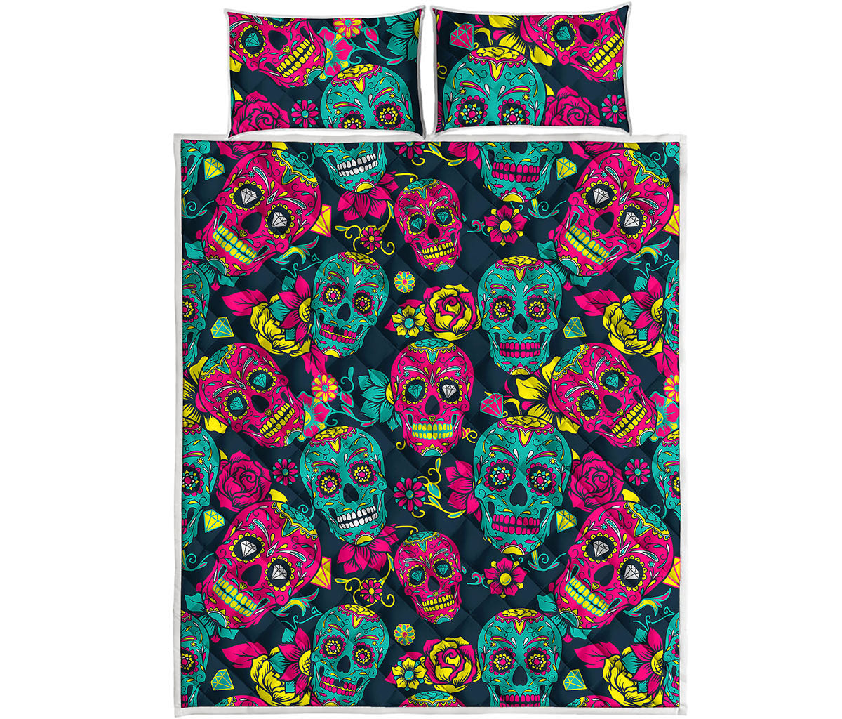 Teal Pink Sugar Skull Pattern Print Quilt Bed Set