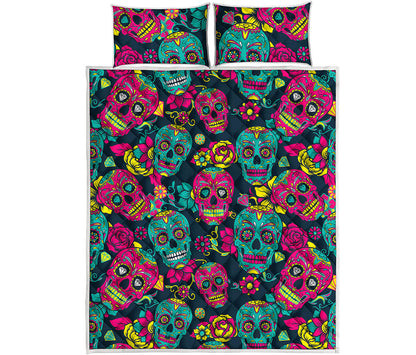 Teal Pink Sugar Skull Pattern Print Quilt Bed Set