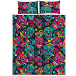 Teal Pink Sugar Skull Pattern Print Quilt Bed Set