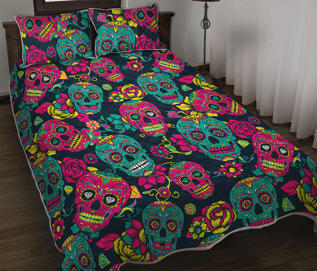Teal Pink Sugar Skull Pattern Print Quilt Bed Set