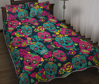 Teal Pink Sugar Skull Pattern Print Quilt Bed Set