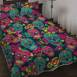 Teal Pink Sugar Skull Pattern Print Quilt Bed Set