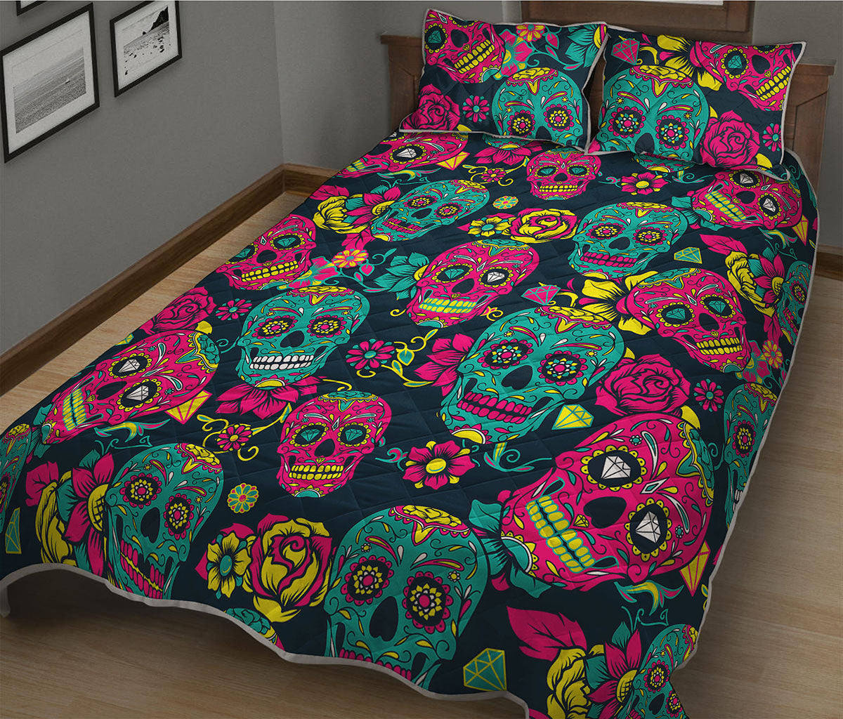 Teal Pink Sugar Skull Pattern Print Quilt Bed Set