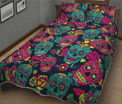 Teal Pink Sugar Skull Pattern Print Quilt Bed Set