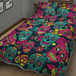 Teal Pink Sugar Skull Pattern Print Quilt Bed Set