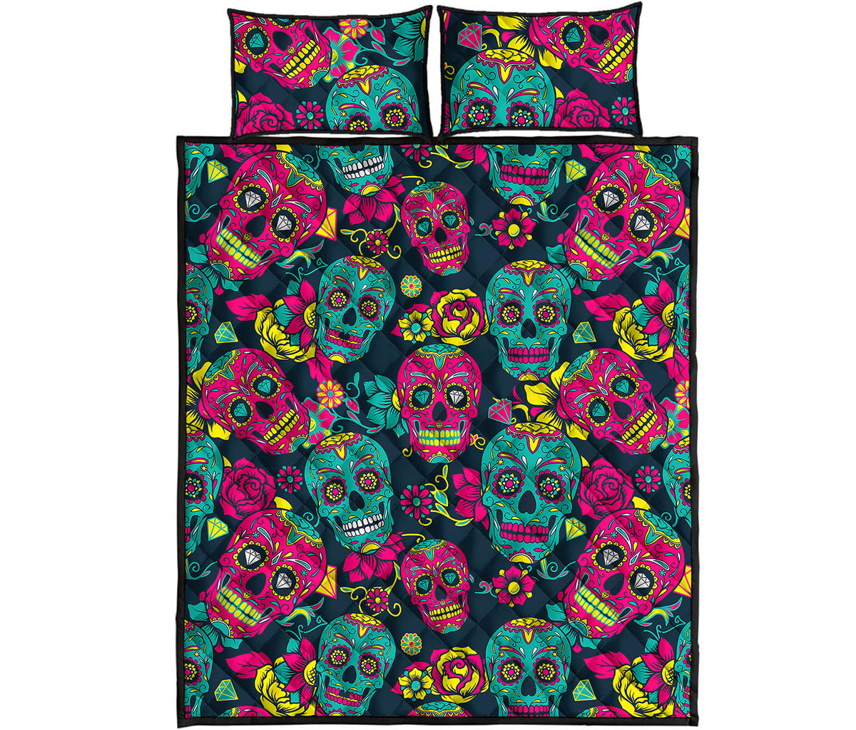 Teal Pink Sugar Skull Pattern Print Quilt Bed Set