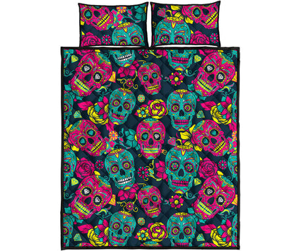 Teal Pink Sugar Skull Pattern Print Quilt Bed Set