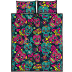 Teal Pink Sugar Skull Pattern Print Quilt Bed Set