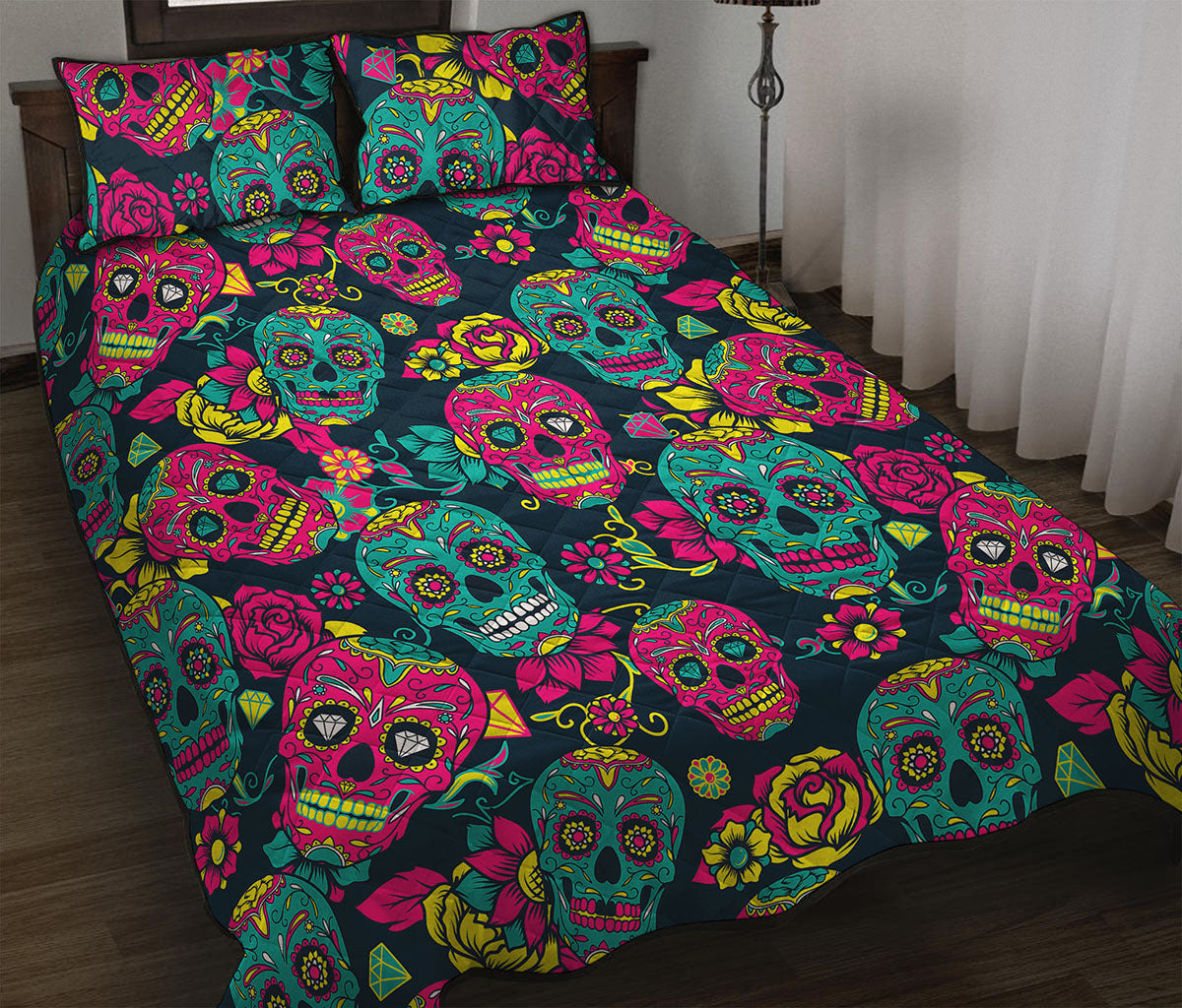 Teal Pink Sugar Skull Pattern Print Quilt Bed Set