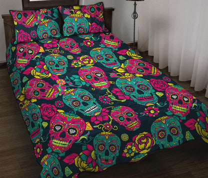Teal Pink Sugar Skull Pattern Print Quilt Bed Set