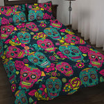 Teal Pink Sugar Skull Pattern Print Quilt Bed Set