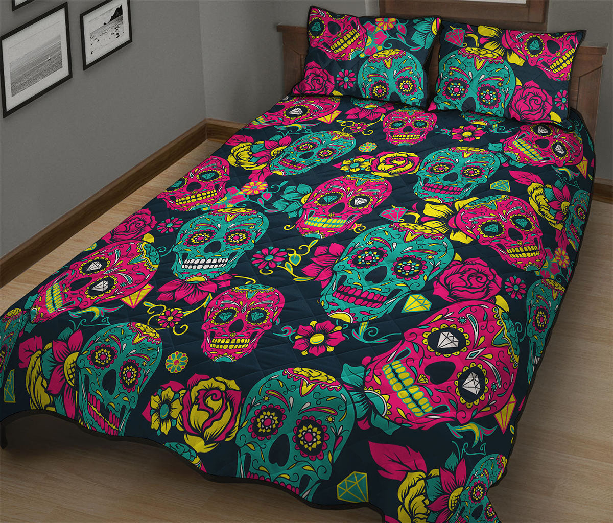 Teal Pink Sugar Skull Pattern Print Quilt Bed Set
