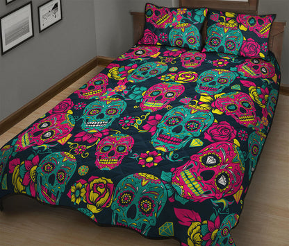 Teal Pink Sugar Skull Pattern Print Quilt Bed Set