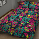 Teal Pink Sugar Skull Pattern Print Quilt Bed Set
