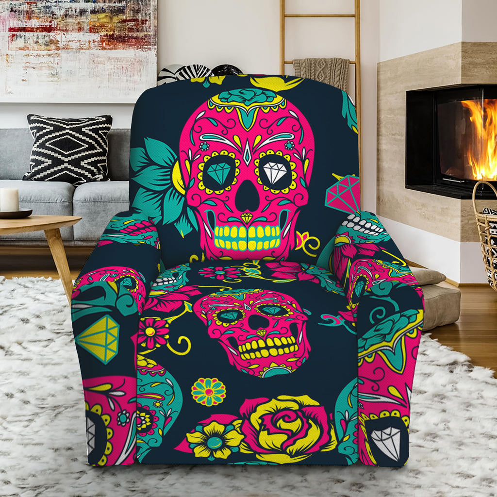 Teal Pink Sugar Skull Pattern Print Recliner Slipcover