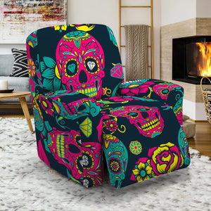 Teal Pink Sugar Skull Pattern Print Recliner Slipcover