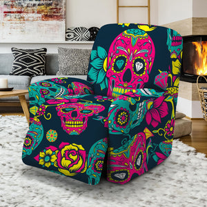 Teal Pink Sugar Skull Pattern Print Recliner Slipcover