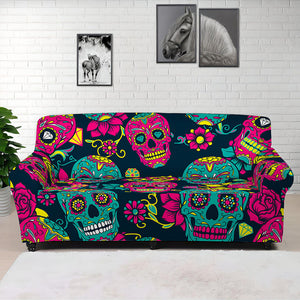 Teal Pink Sugar Skull Pattern Print Sofa Cover