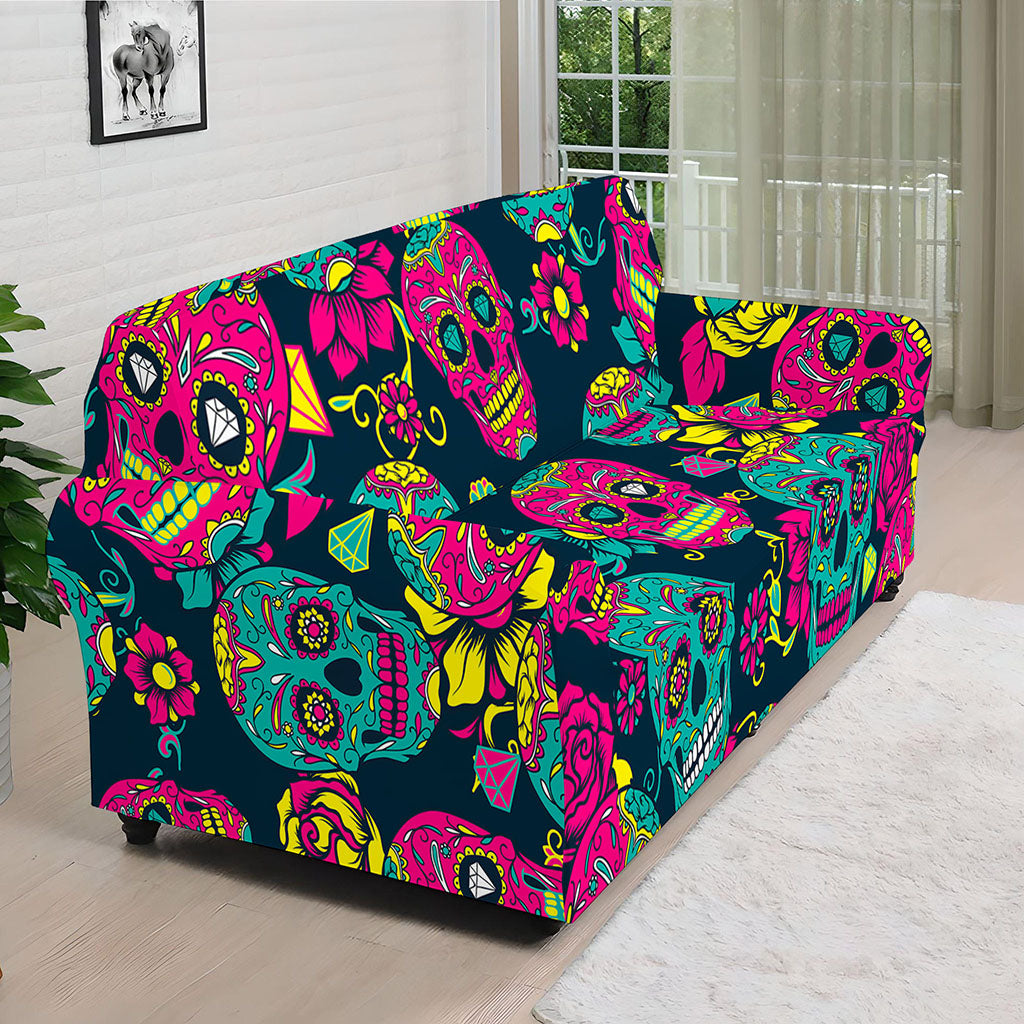 Teal Pink Sugar Skull Pattern Print Sofa Cover