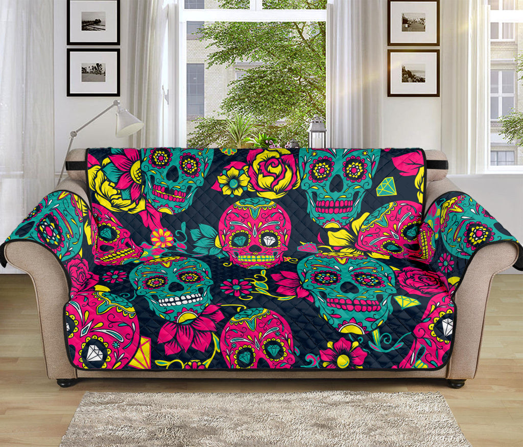 Teal Pink Sugar Skull Pattern Print Sofa Protector