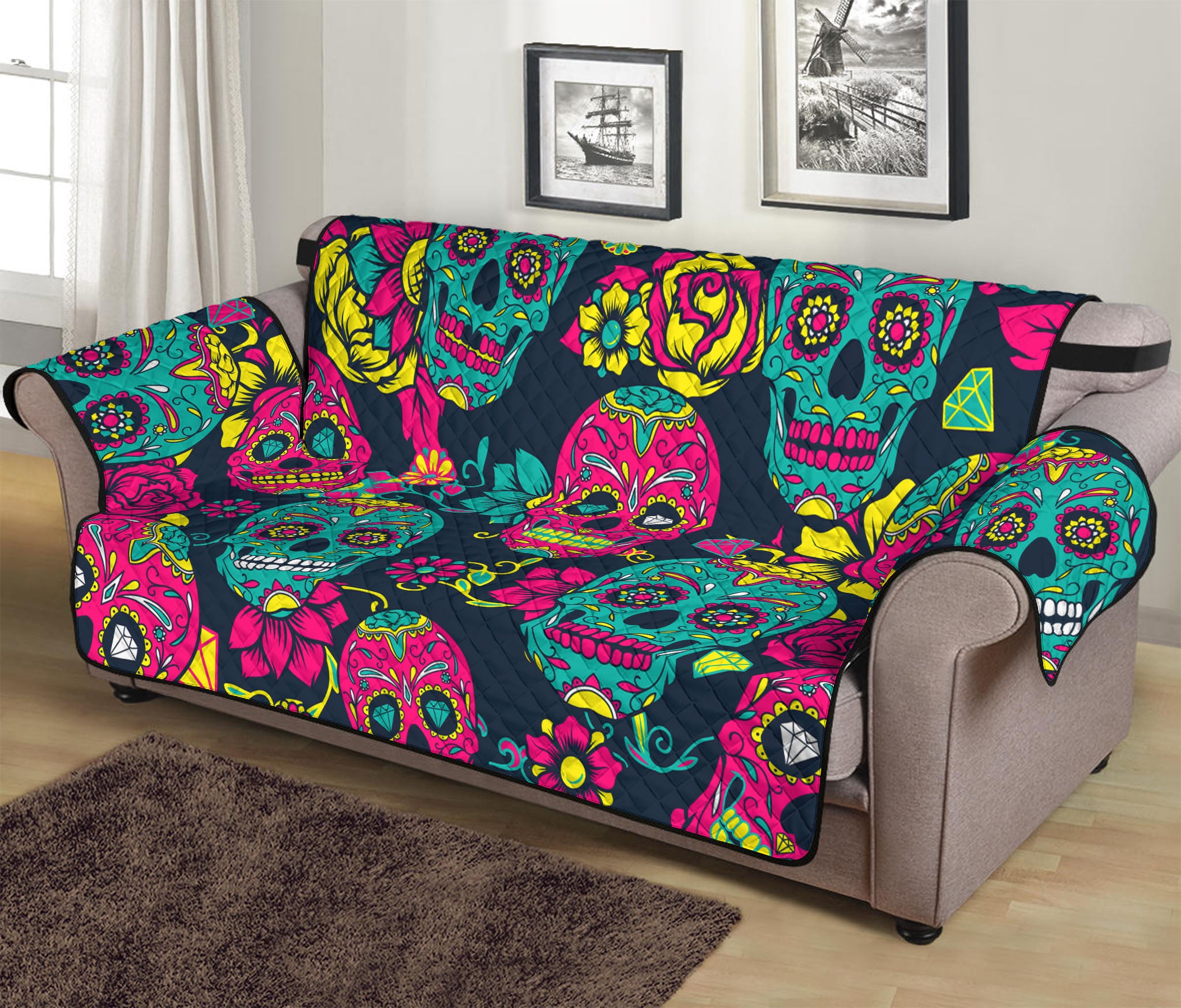 Teal Pink Sugar Skull Pattern Print Sofa Protector