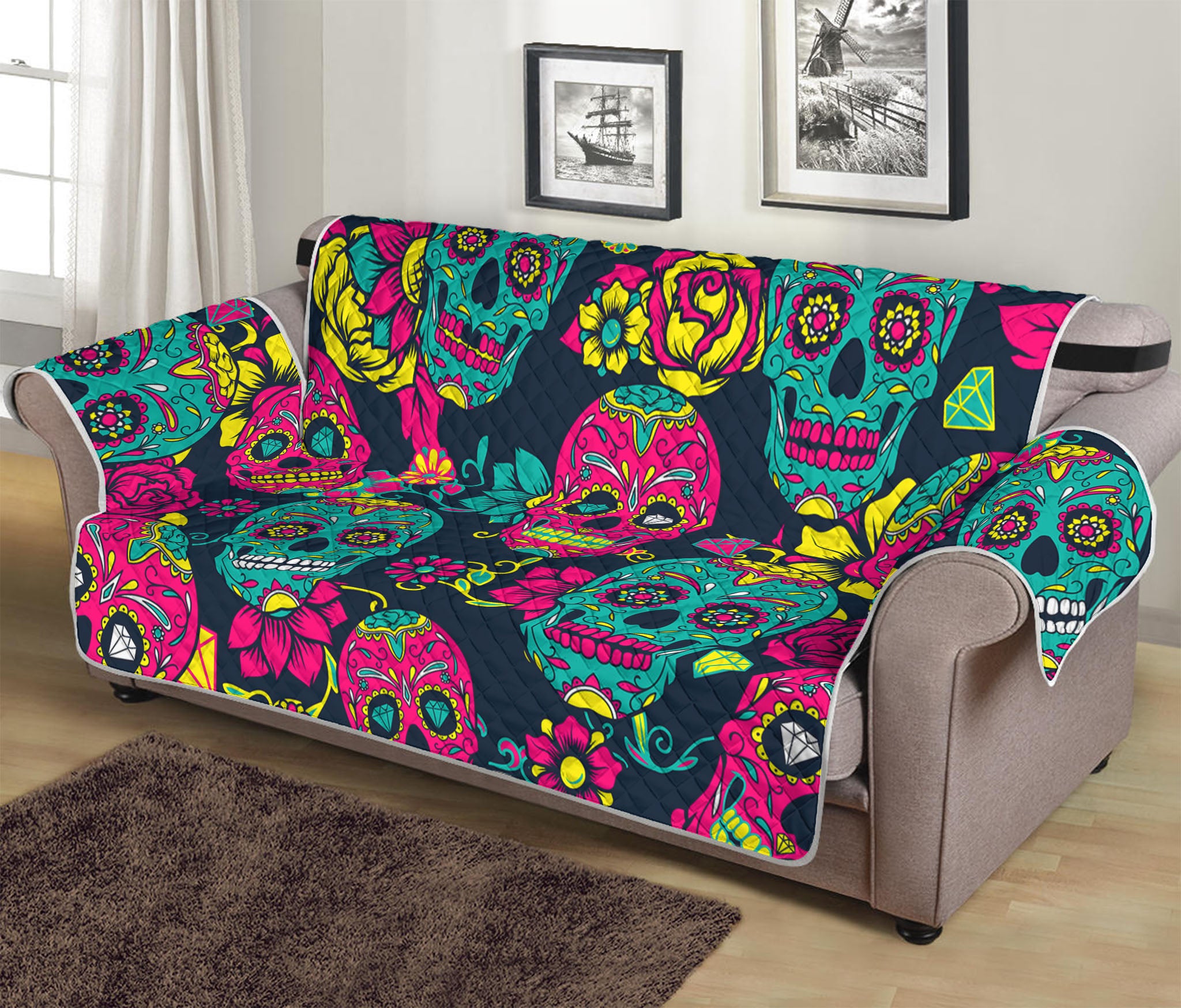 Teal Pink Sugar Skull Pattern Print Sofa Protector