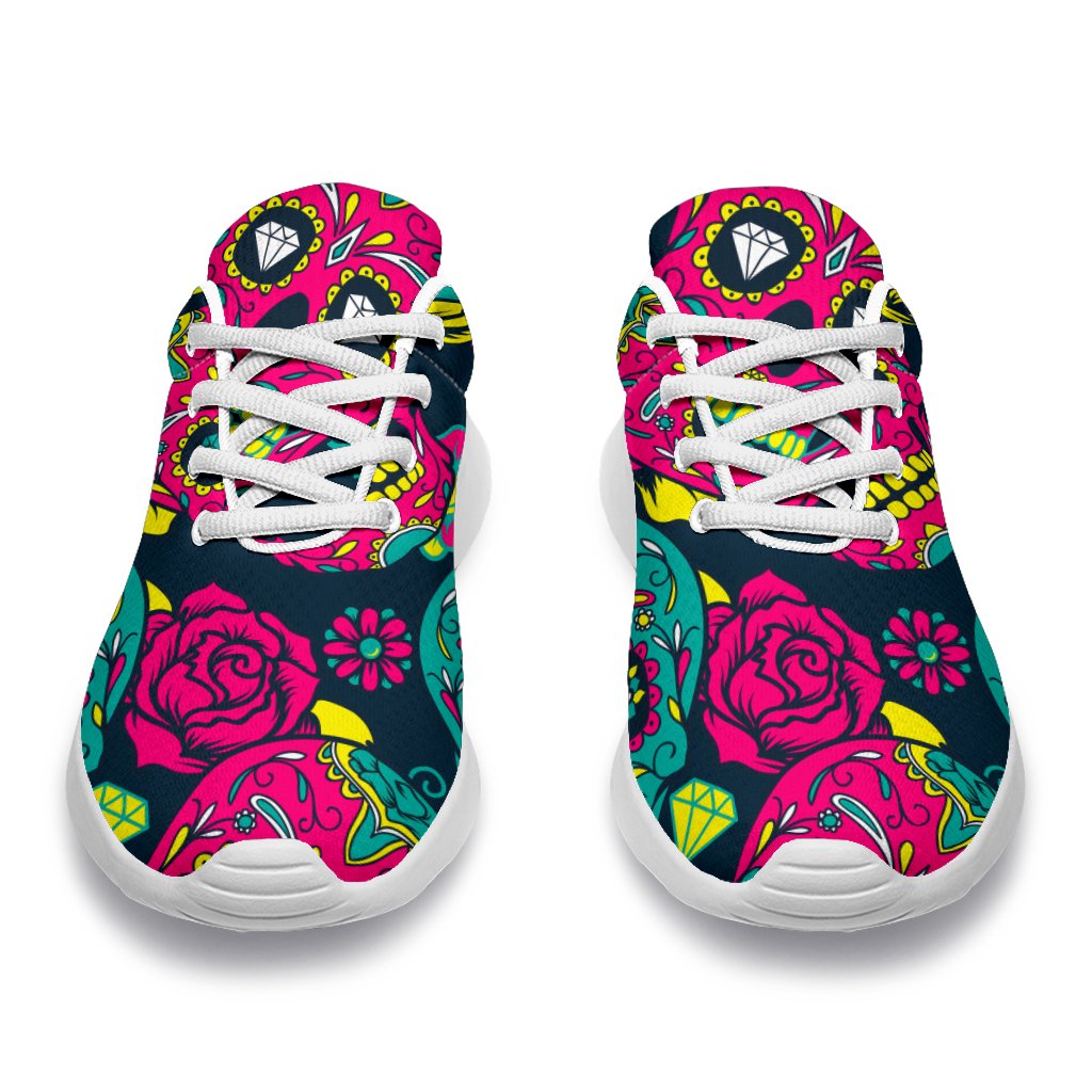 Teal Pink Sugar Skull Pattern Print Sport Shoes GearFrost