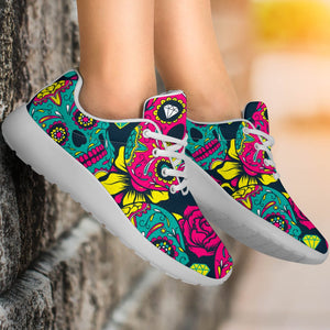 Teal Pink Sugar Skull Pattern Print Sport Shoes GearFrost