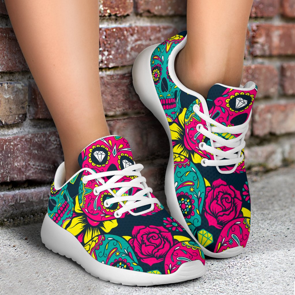 Teal Pink Sugar Skull Pattern Print Sport Shoes GearFrost