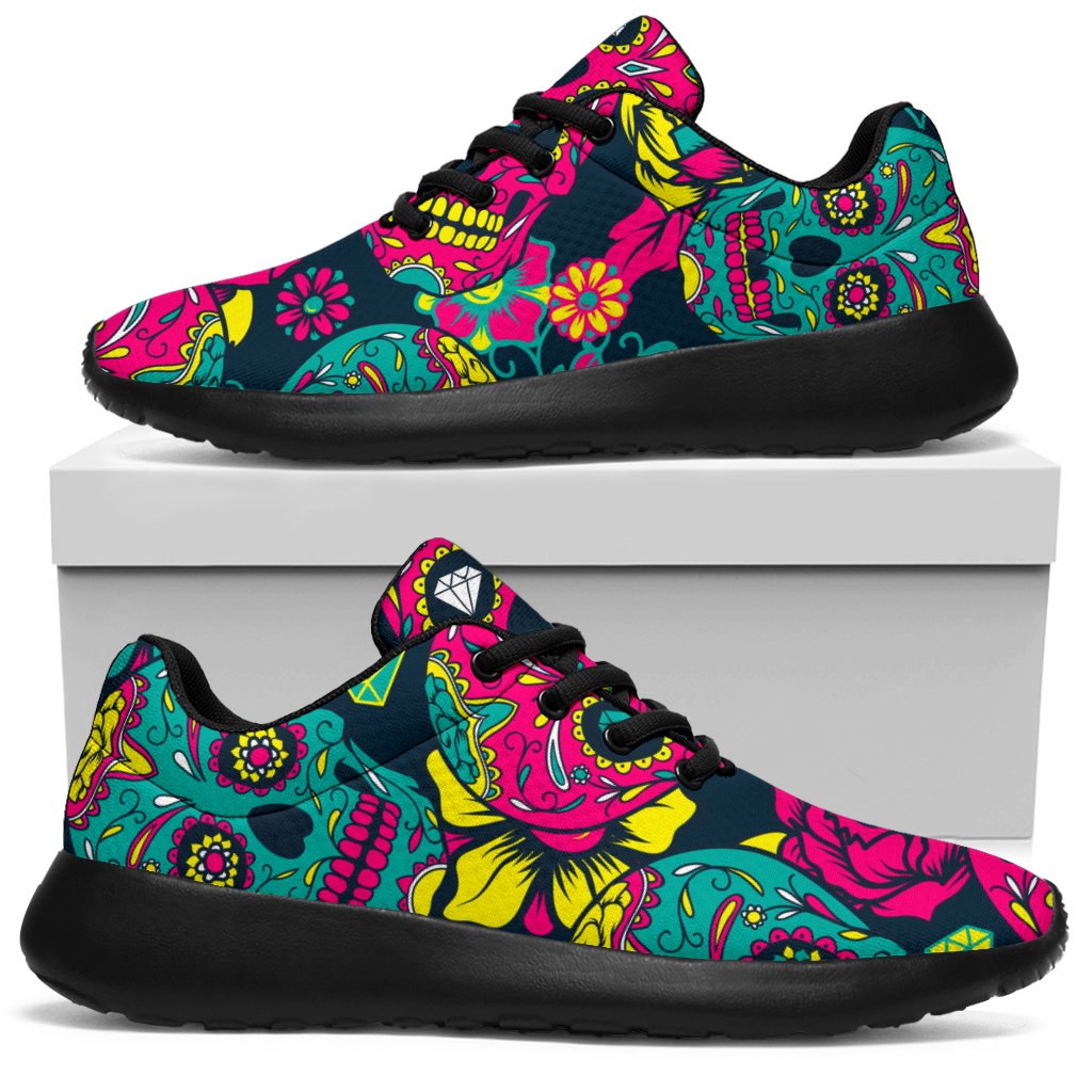 Teal Pink Sugar Skull Pattern Print Sport Shoes GearFrost