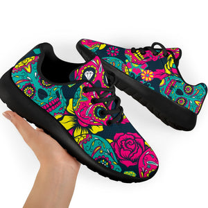 Teal Pink Sugar Skull Pattern Print Sport Shoes GearFrost