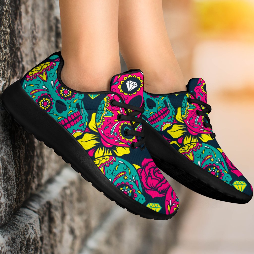 Teal Pink Sugar Skull Pattern Print Sport Shoes GearFrost