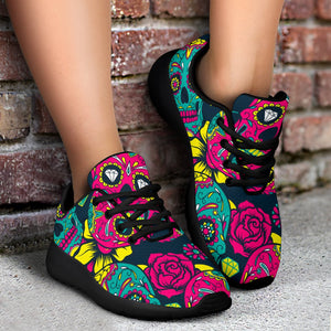 Teal Pink Sugar Skull Pattern Print Sport Shoes GearFrost