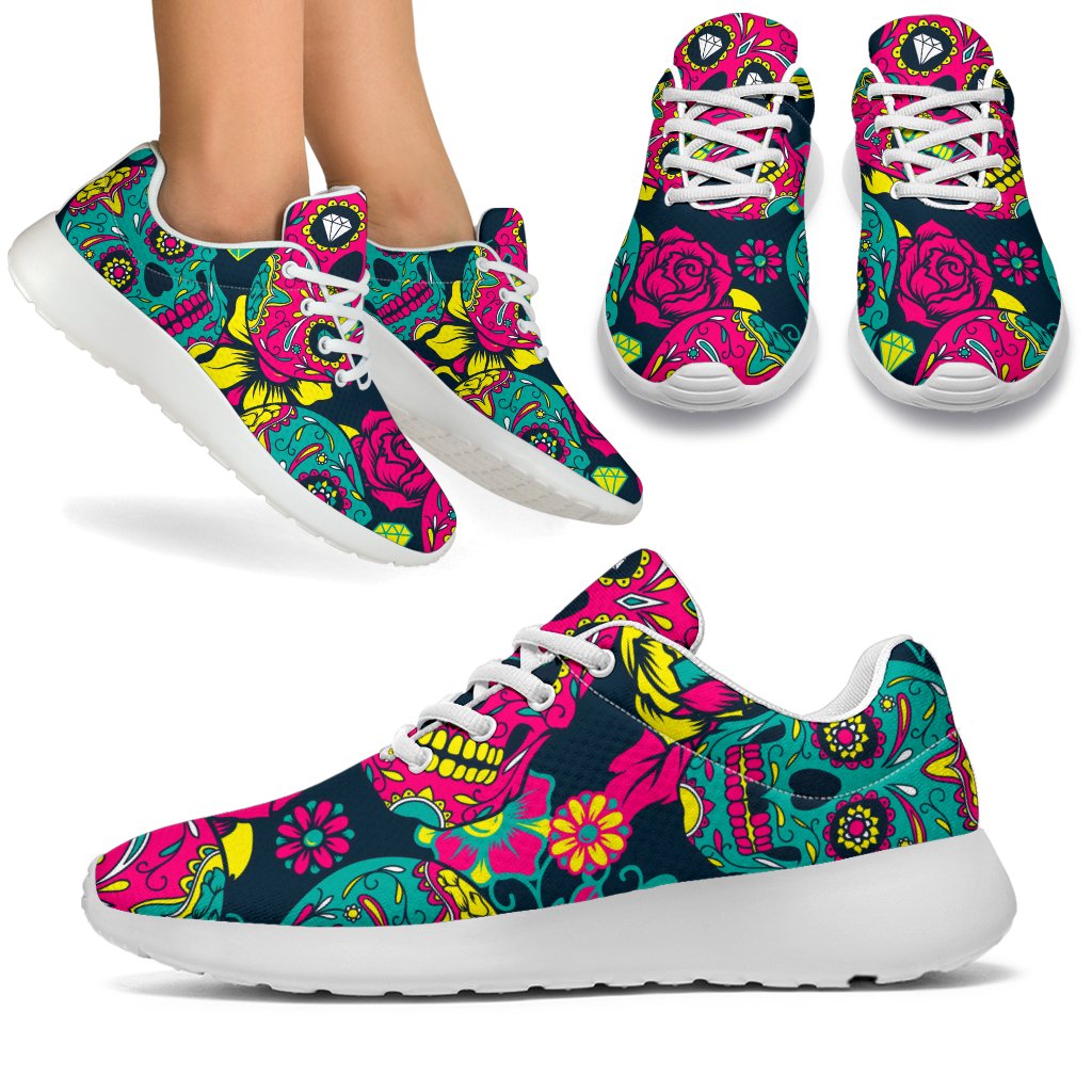 Teal Pink Sugar Skull Pattern Print Sport Shoes GearFrost