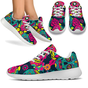 Teal Pink Sugar Skull Pattern Print Sport Shoes GearFrost