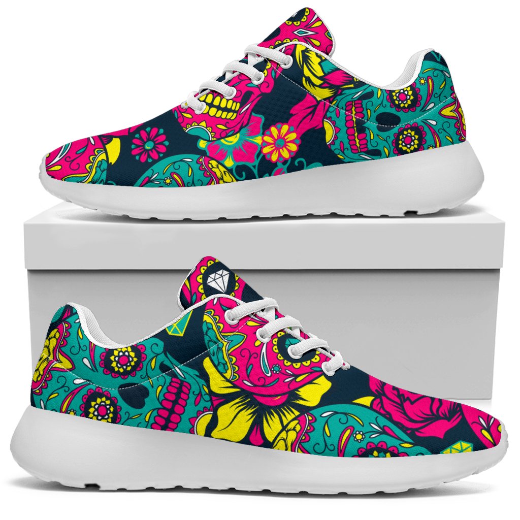 Teal Pink Sugar Skull Pattern Print Sport Shoes GearFrost