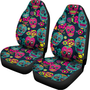 Teal Pink Sugar Skull Pattern Print Universal Fit Car Seat Covers