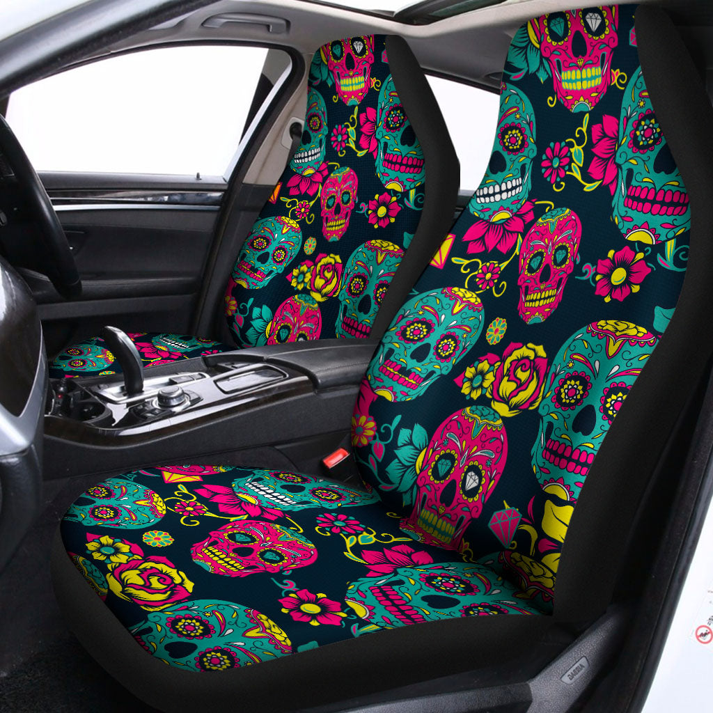 Teal Pink Sugar Skull Pattern Print Universal Fit Car Seat Covers