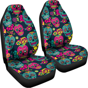 Teal Pink Sugar Skull Pattern Print Universal Fit Car Seat Covers