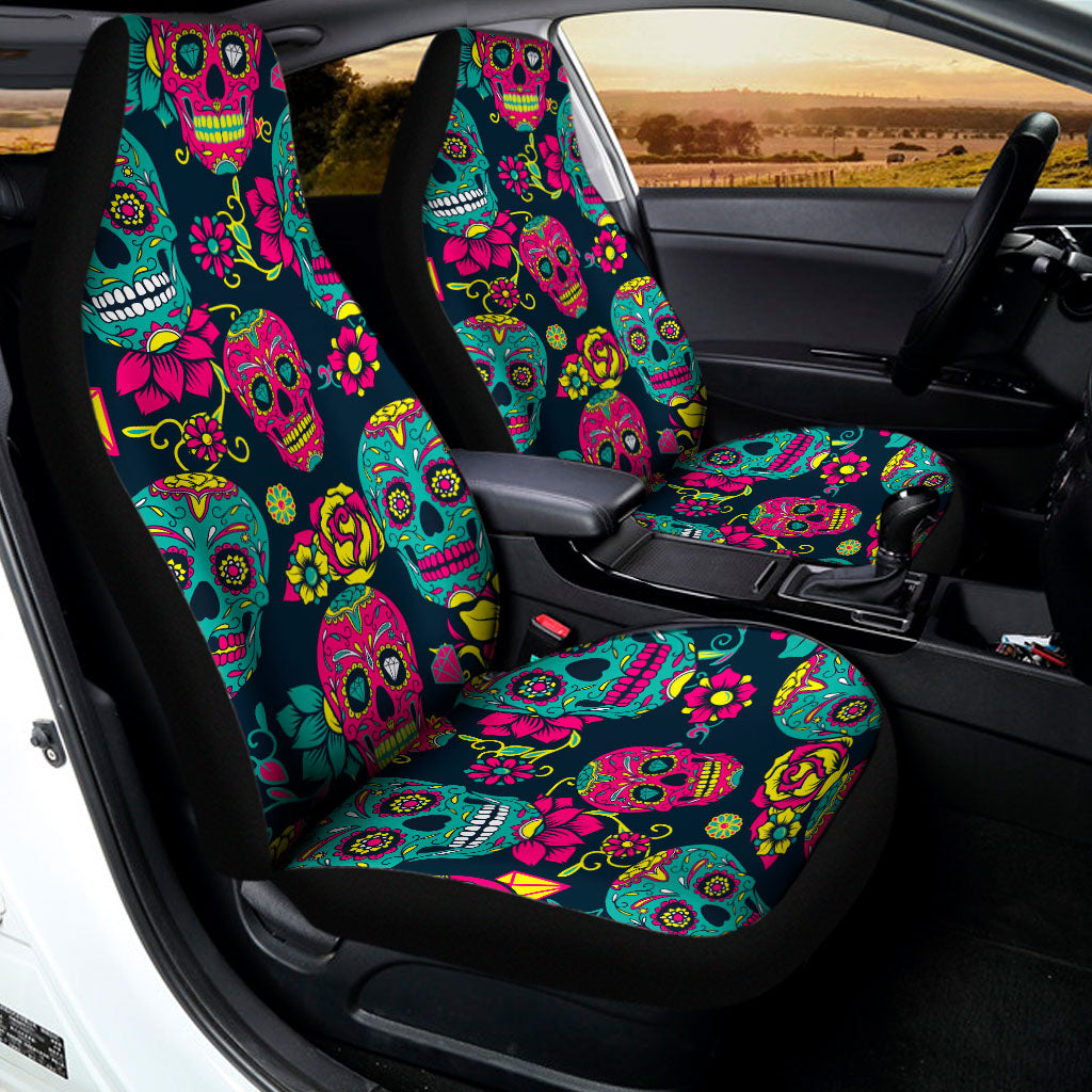 Teal Pink Sugar Skull Pattern Print Universal Fit Car Seat Covers