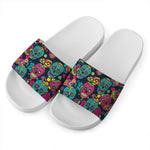 Teal Pink Sugar Skull Pattern Print White Slide Sandals