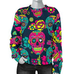 Teal Pink Sugar Skull Pattern Print Women's Crewneck Sweatshirt GearFrost